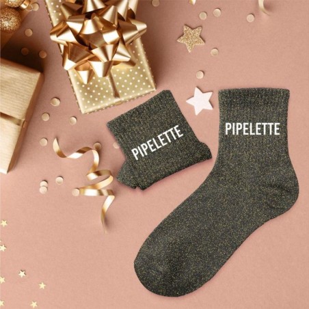 Chaussettes paillettes noires femme avec message "Pipelette"