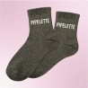 Chaussettes paillettes noires femme avec message "Pipelette"
