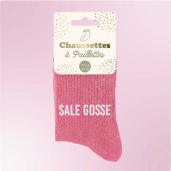 Chaussettes paillettes roses femme avec message "Sale gosse"