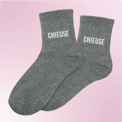 Chaussettes paillettes grises pour femme avec message "Chieuse"