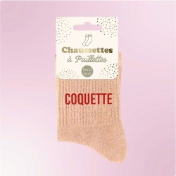 Chaussettes paillettes corail pour femme avec message "Coquette"