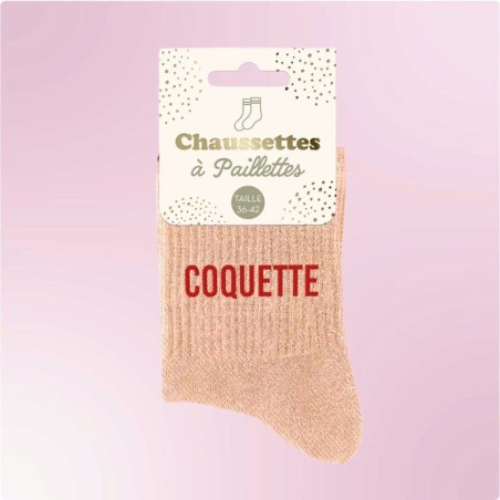 Chaussettes paillettes corail pour femme avec message "Coquette"