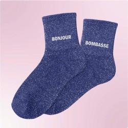 Chaussettes paillettes bleu électrique pour femme avec message "Bonjour bombasse"