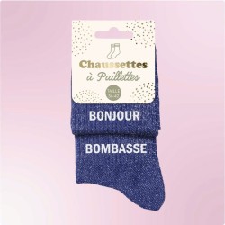 Chaussettes paillettes bleu électrique pour femme avec message "Bonjour bombasse"