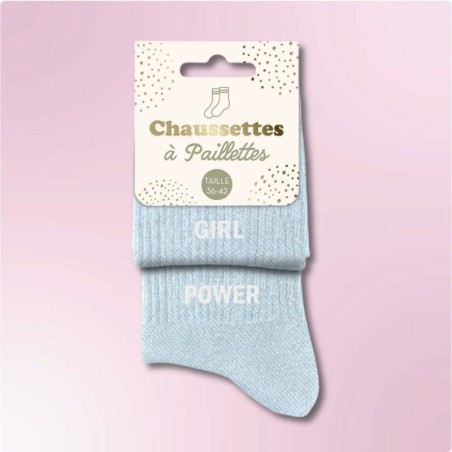 Chaussettes paillettes bleues tendances avec message "Girl Power"
