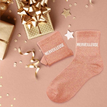 Chaussettes paillettes orange avec message "Merveilleuse" pour femmes