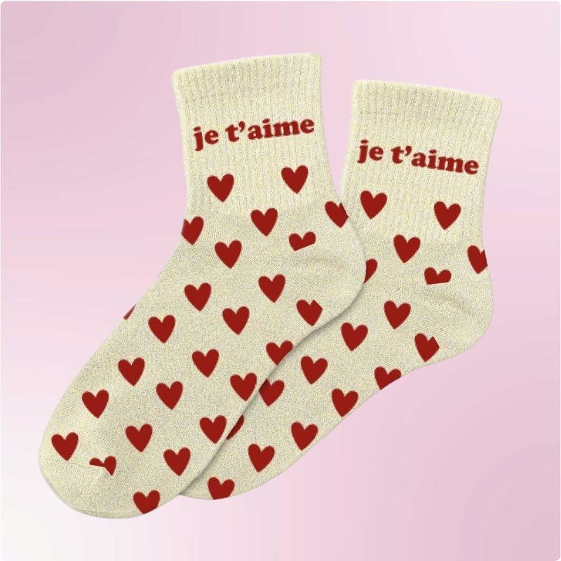 Chaussettes paillettes coeurs rouges avec message "Je t'aime" pour femmes