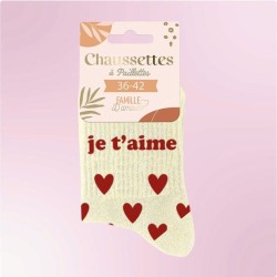 Chaussettes paillettes coeurs rouges avec message "Je t'aime" pour femmes