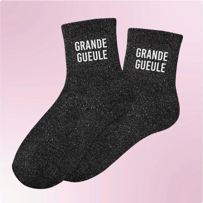 Chaussettes paillettes noires avec message "Grande Gueule" pour femmes