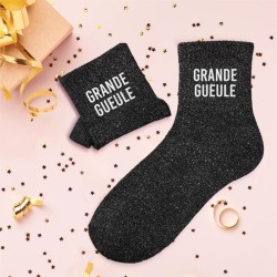 Chaussettes paillettes noires avec message "Grande Gueule" pour femmes