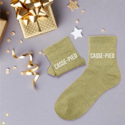 Chaussettes paillettes vert kaki avec message "Casse Pied" pour femmes