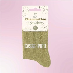 Chaussettes paillettes vert kaki avec message "Casse Pied" pour femmes
