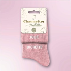 Chaussettes paillettes roses pour femme avec message "Jolie Bichette"