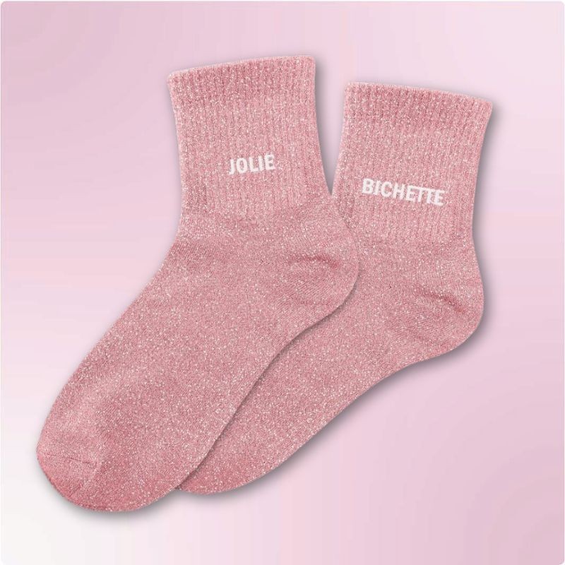 Chaussettes paillettes roses pour femme avec message "Jolie Bichette"