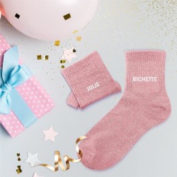 Chaussettes paillettes roses pour femme avec message "Jolie Bichette"
