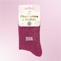 Chaussettes paillettes roses fuchsia pour femme avec broderie "Diva"