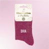 Chaussettes paillettes roses fuchsia pour femme avec broderie "Diva"