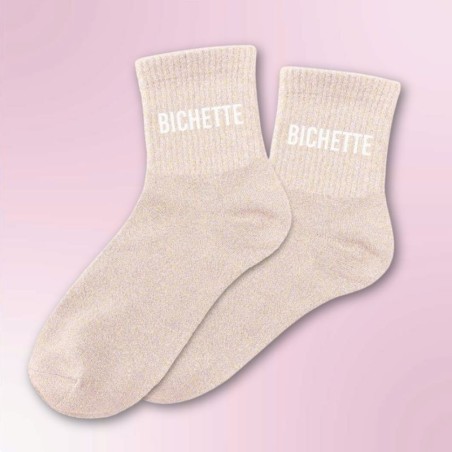Chaussettes paillettes roses avec message "Bichette" pour femmes