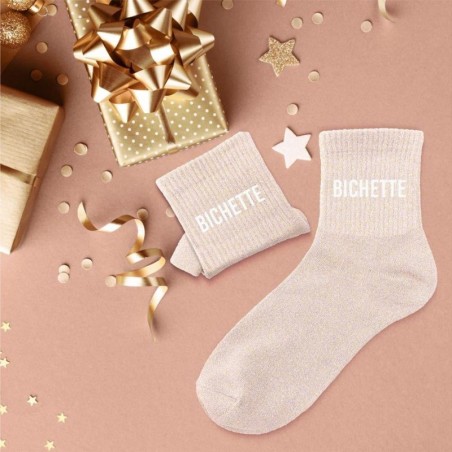 Chaussettes paillettes roses avec message "Bichette" pour femmes