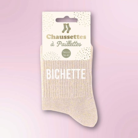 Chaussettes paillettes roses avec message "Bichette" pour femmes