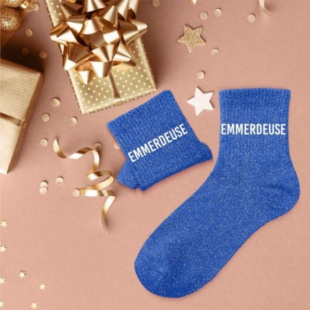 Chaussettes paillettes bleues pour femme avec message "Emmerdeuse"