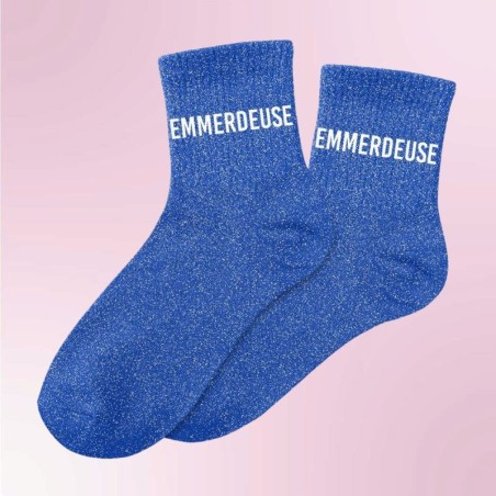 Chaussettes paillettes bleues pour femme avec message "Emmerdeuse"