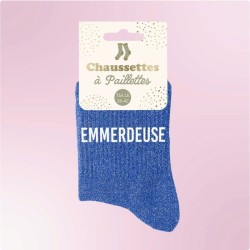 Chaussettes paillettes bleues pour femme avec message "Emmerdeuse"
