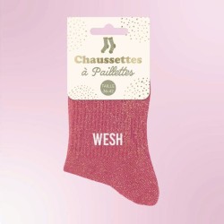 Chaussettes paillettes roses avec message "Wesh" pour femmes