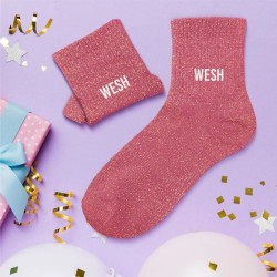 Chaussettes paillettes roses avec message "Wesh" pour femmes