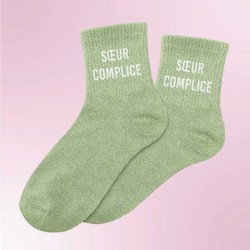 Chaussettes paillettes vertes avec message "Soeur complice" pour femmes