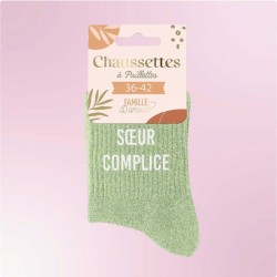 Chaussettes paillettes vertes avec message "Soeur complice" pour femmes