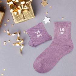 Chaussettes paillettes lila message Bad Girl pour femmes