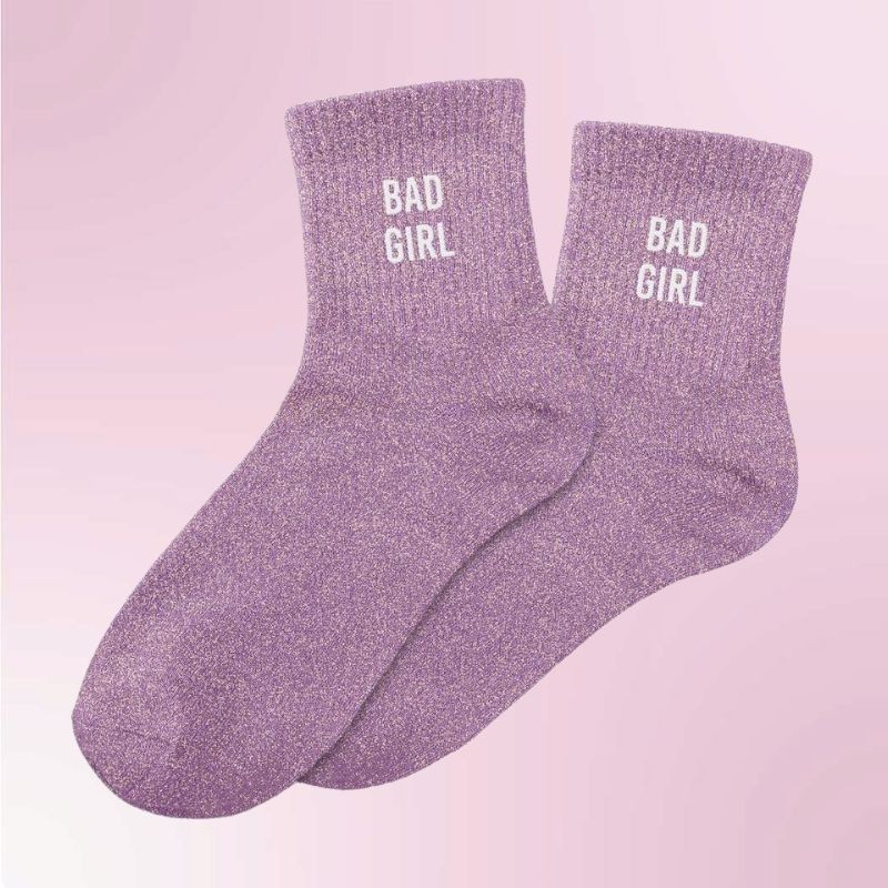 Chaussettes paillettes lila message Bad Girl pour femmes