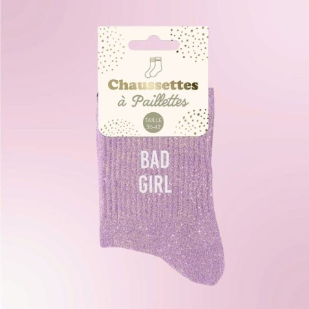 Chaussettes paillettes lila message Bad Girl pour femmes