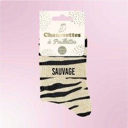 Chaussettes paillettes zébrées beige et marron avec message "Sauvage" pour femmes