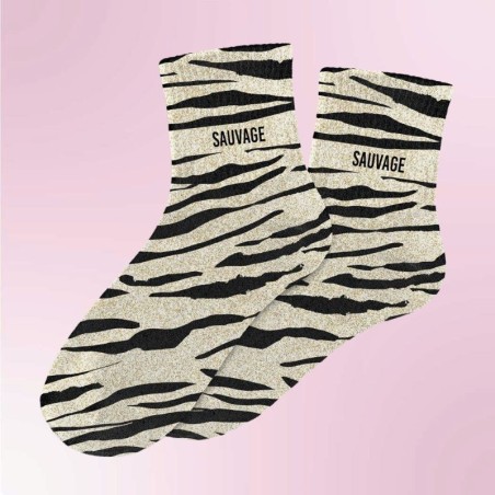 Chaussettes paillettes zébrées beige et marron avec message "Sauvage" pour femmes