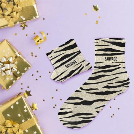 Chaussettes paillettes zébrées beige et marron avec message "Sauvage" pour femmes