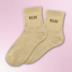 Chaussettes paillettes beiges pour femmes avec inscription " Relou "