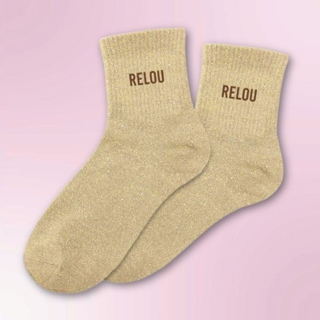Chaussettes paillettes beiges pour femmes avec inscription " Relou "