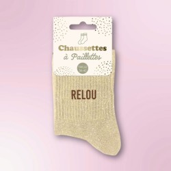 Chaussettes paillettes beiges pour femmes avec inscription " Relou "