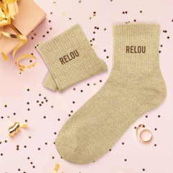 Chaussettes paillettes beiges pour femmes avec inscription " Relou "