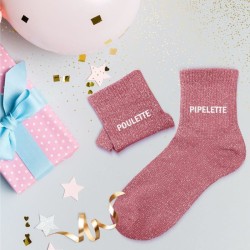 Chaussettes paillettes roses pour femme avec message "Poulette Pipelette"