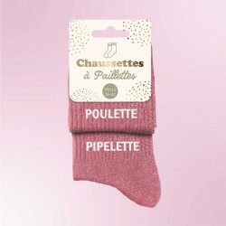 Chaussettes paillettes roses pour femme avec message "Poulette Pipelette"