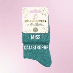 Chaussettes paillettes bleu canard pour femme avec message "Miss catastrophe"