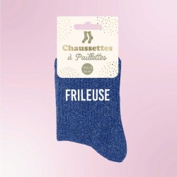 Chaussettes paillettes bleues avec inscription "Frileuse", pour femmes