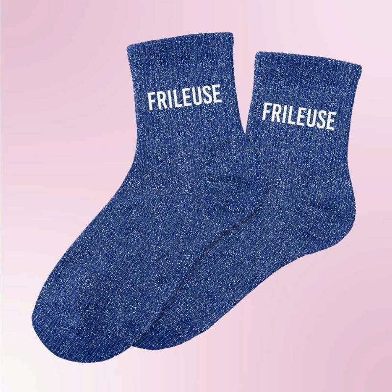 Chaussettes paillettes bleues avec inscription "Frileuse", pour femmes