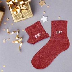 Chaussettes paillettes rouges avec inscription "Sexy", pour femmes