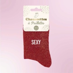 Chaussettes paillettes rouges avec inscription "Sexy", pour femmes