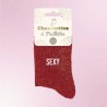 Chaussettes paillettes rouges avec inscription "Sexy", pour femmes