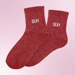 Chaussettes paillettes rouges avec inscription "Sexy", pour femmes